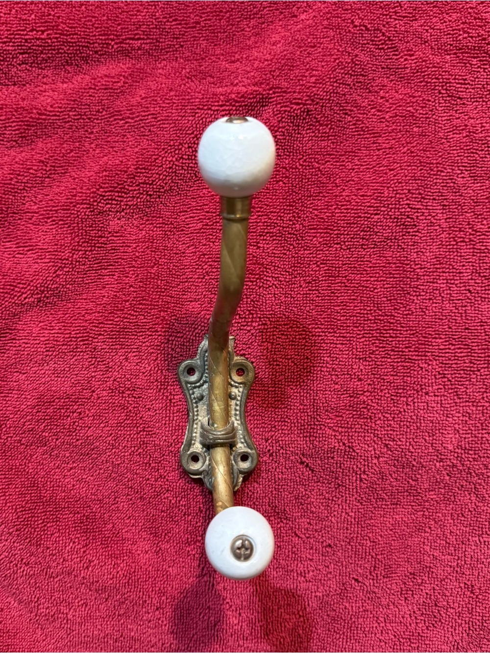 Vintage-Style Brass Wall Hook with White Ceramic Knobs